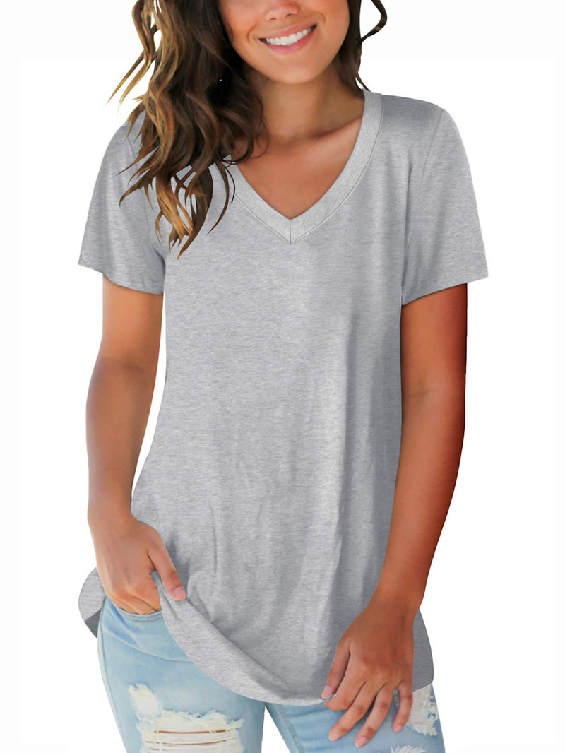 SAMPEEL Juniors Casual Tops Short Sleeve V Neck Spring T Shirts Boho Tee Shirts Grey XL - Image 1